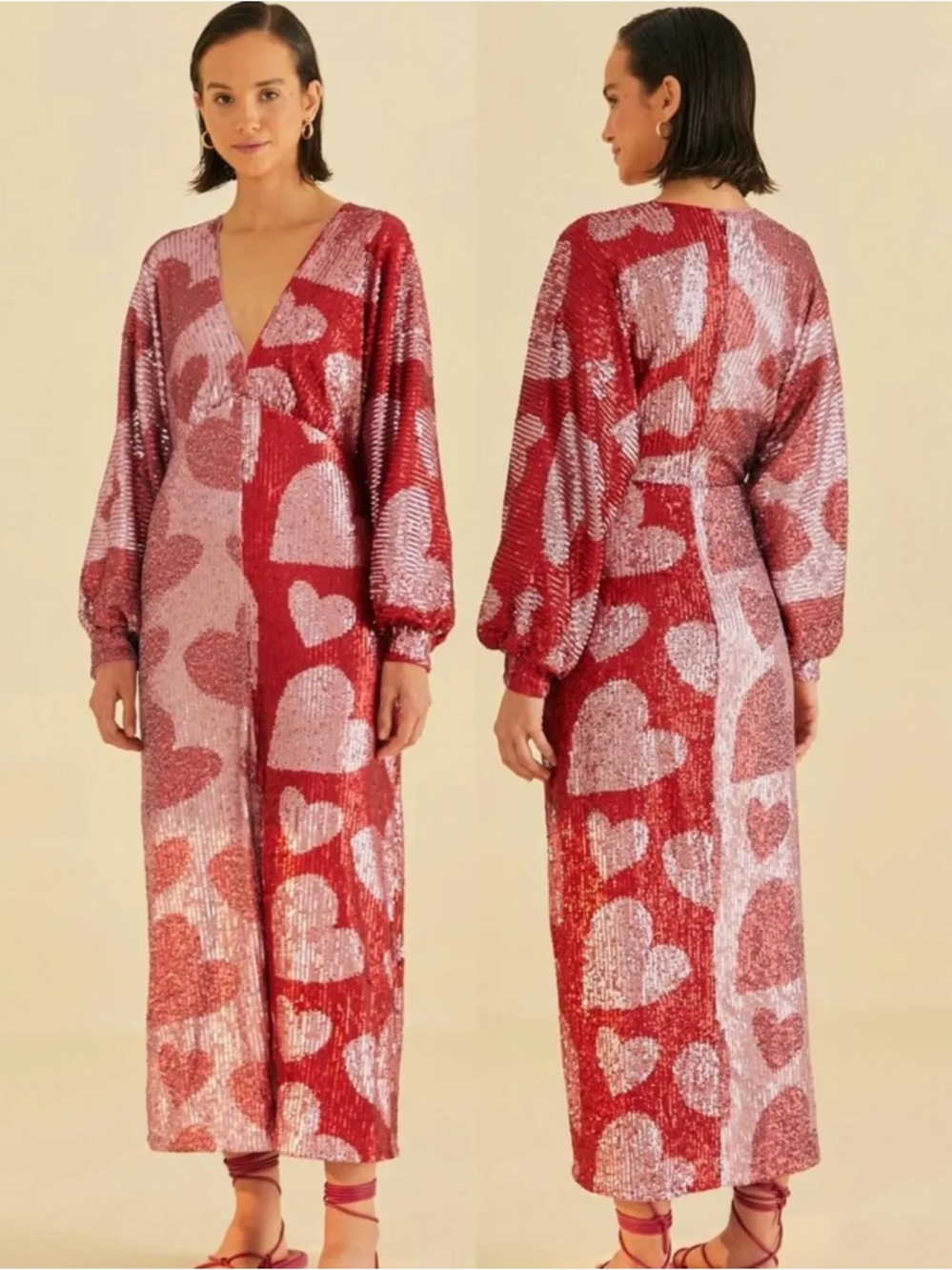 BNWT Farm Rio Sequined Heart Midi Dress in Red and Pink